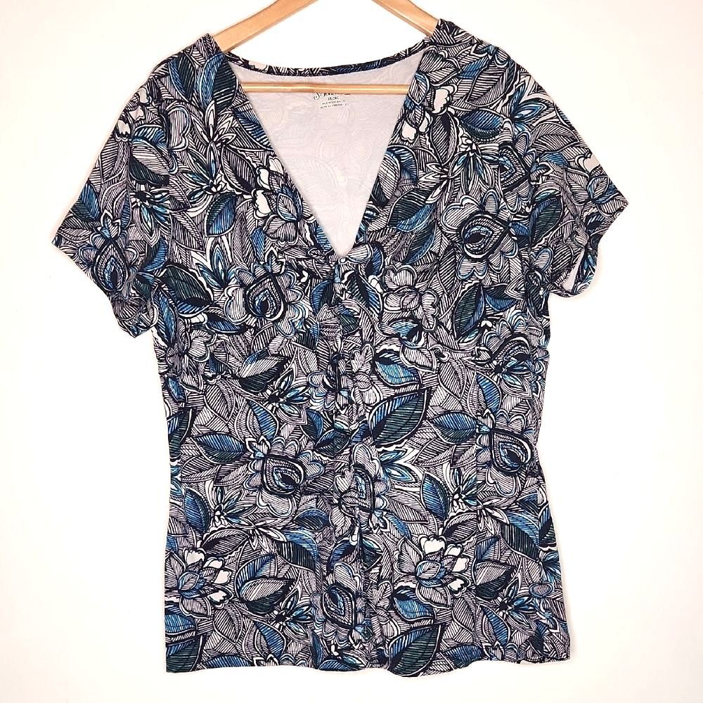 St. John's Bay Floral Top Blue and Black V-Nack Womens Size 2X